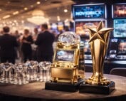 Awards trophies on display at the European Gaming Awards 2026 featuring leading casino brands Novomatic and Aristocrat