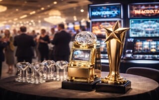 Awards trophies on display at the European Gaming Awards 2026 featuring leading casino brands Novomatic and Aristocrat
