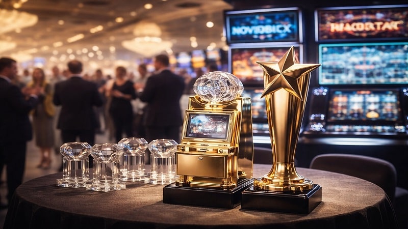 Awards trophies on display at the European Gaming Awards 2026 featuring leading casino brands Novomatic and Aristocrat Awards trophies on display at the European Gaming Awards 2026 featuring leading casino brands Novomatic and Aristocrat