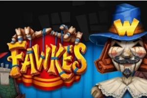 Fawkes slot game logo with Guy Fawkes character wearing blue hat by Wicked Games