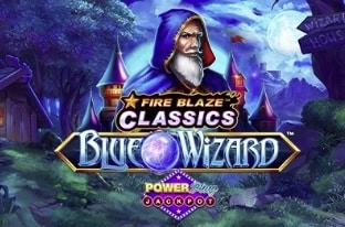 Fire Blaze Classics Blue Wizard PowerPlay Jackpot slot by Playtech showing wizard with crystal ball and fantasy village setting