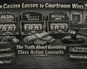 Three slot machines showing Kalshi, DraftKings, and McLuck logos with casino chips, money, and legal symbols including gavel and scales of justice representing gambling class action lawsuits