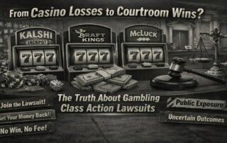 Three slot machines showing Kalshi, DraftKings, and McLuck logos with casino chips, money, and legal symbols including gavel and scales of justice representing gambling class action lawsuits
