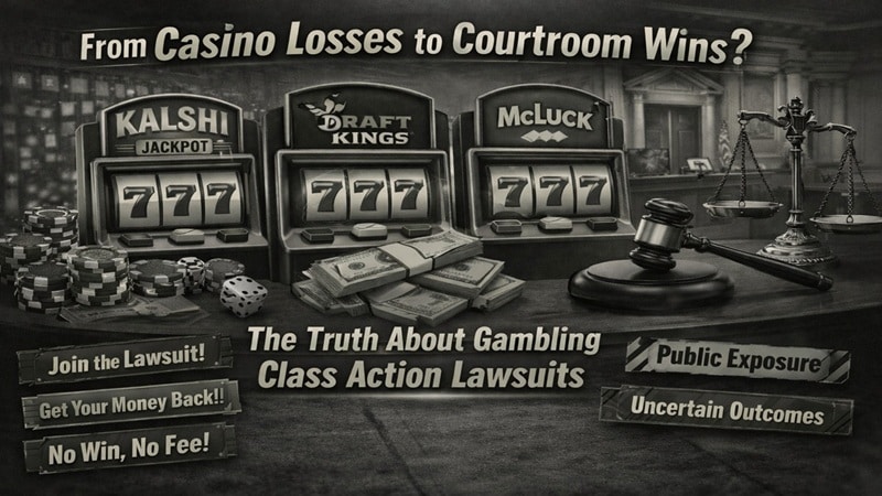 Gambling Class Action Lawsuits Target Kalshi DraftKings and Sweepstakes Casinos Three slot machines showing Kalshi, DraftKings, and McLuck logos with casino chips, money, and legal symbols including gavel and scales of justice representing gambling class action lawsuits