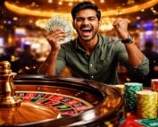 Excited casino player celebrating roulette win holding cash at Genting Casino tournament