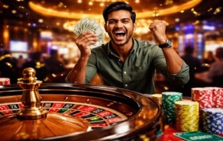Excited casino player celebrating roulette win holding cash at Genting Casino tournament
