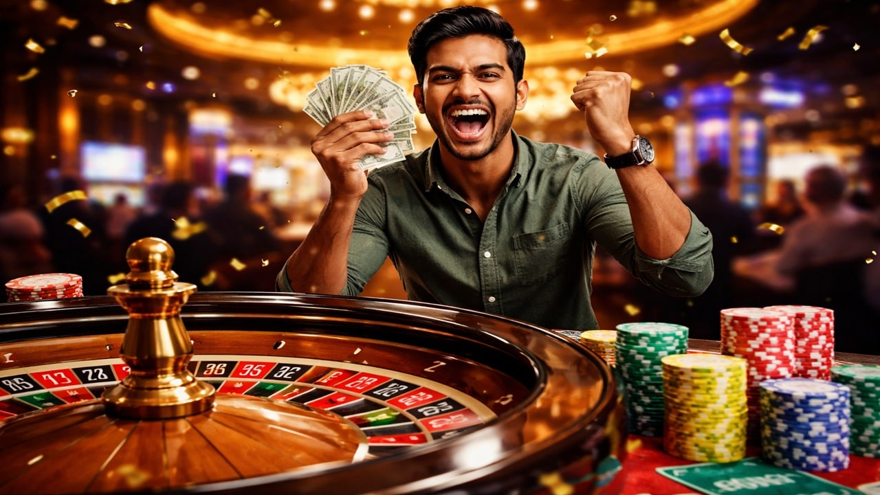 Excited casino player celebrating roulette win holding cash at Genting Casino tournament
