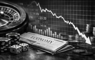 Casino chips, dice and roulette wheel beside declining stock market chart showing iGaming industry downtrend in 2025