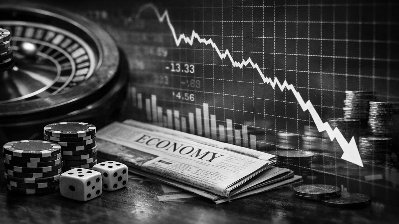 Casino chips, dice and roulette wheel beside declining stock market chart showing iGaming industry downtrend in 2025