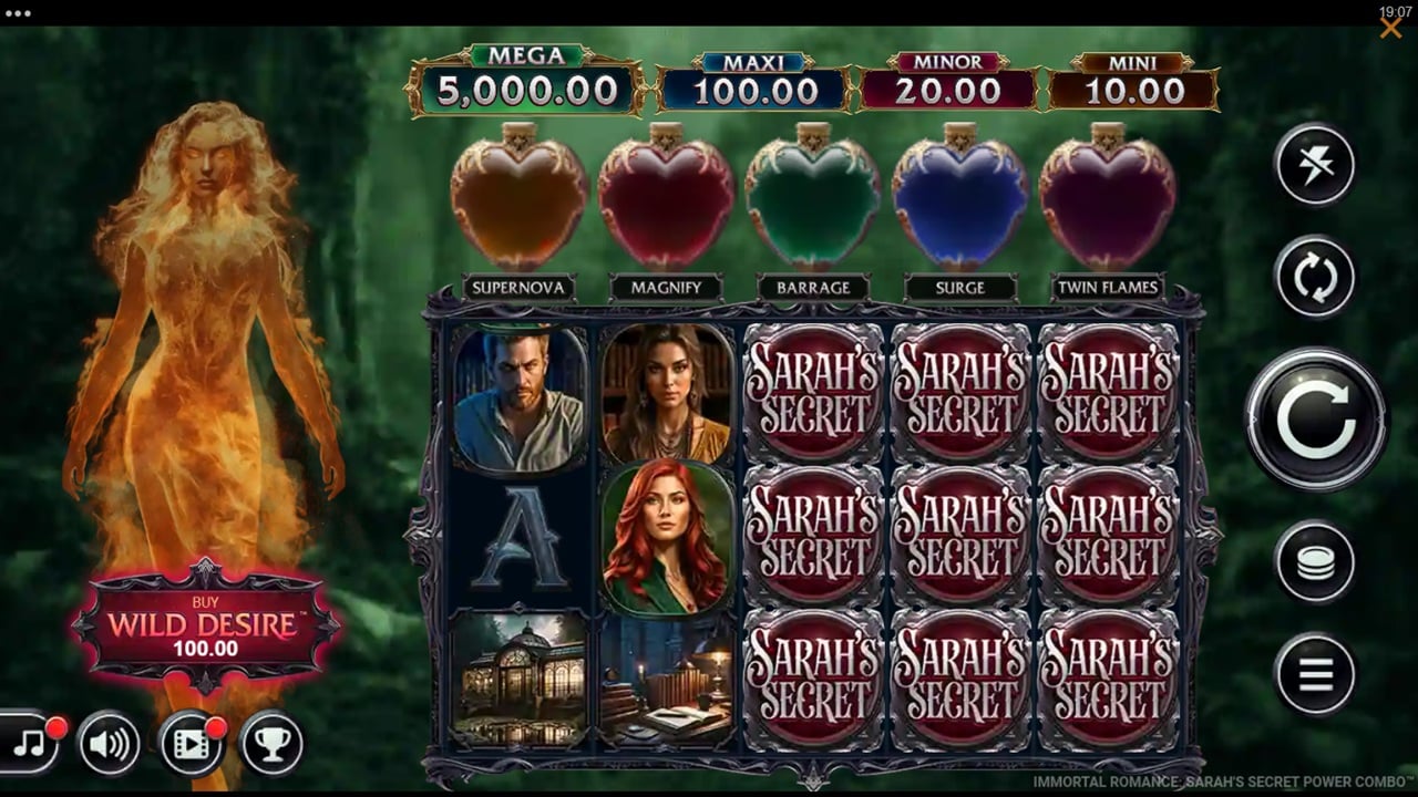 Immortal Romance: Sarah's Secret Power Combo slot game screenshot showing Power Combo modifiers, character symbols, jackpot meters and Wild Desire feature - Stormcraft Studios
