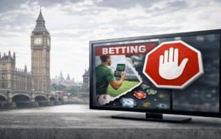 Television screen displaying betting advertisement with stop sign overlay, Big Ben and Thames River in background representing UK gambling advertising restrictions