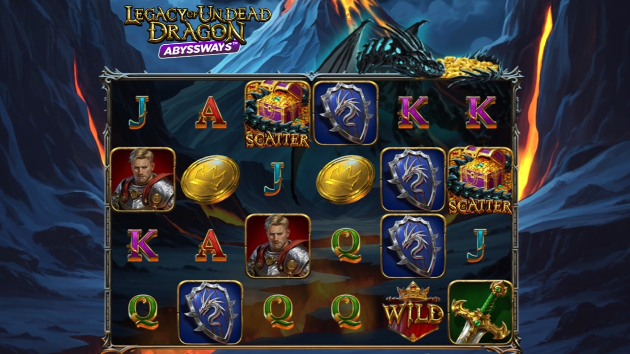 Legacy of Undead Dragon Abyssways slot game screenshot showing 5x4 reels with scatter symbols, wild symbols, and medieval fantasy theme - Play'n GO