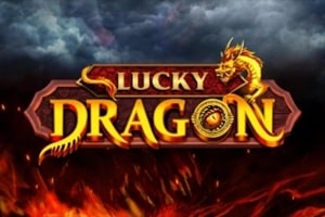 Lucky Dragon slot game logo with golden dragon emblem on ornate red banner with flames