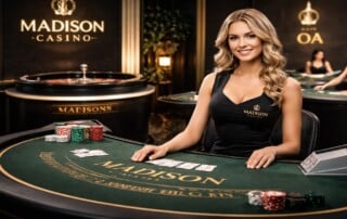 adison Casino live dealer table screenshot showing branded blackjack table with dealer, poker chips, and luxury casino environment - Pragmatic Play