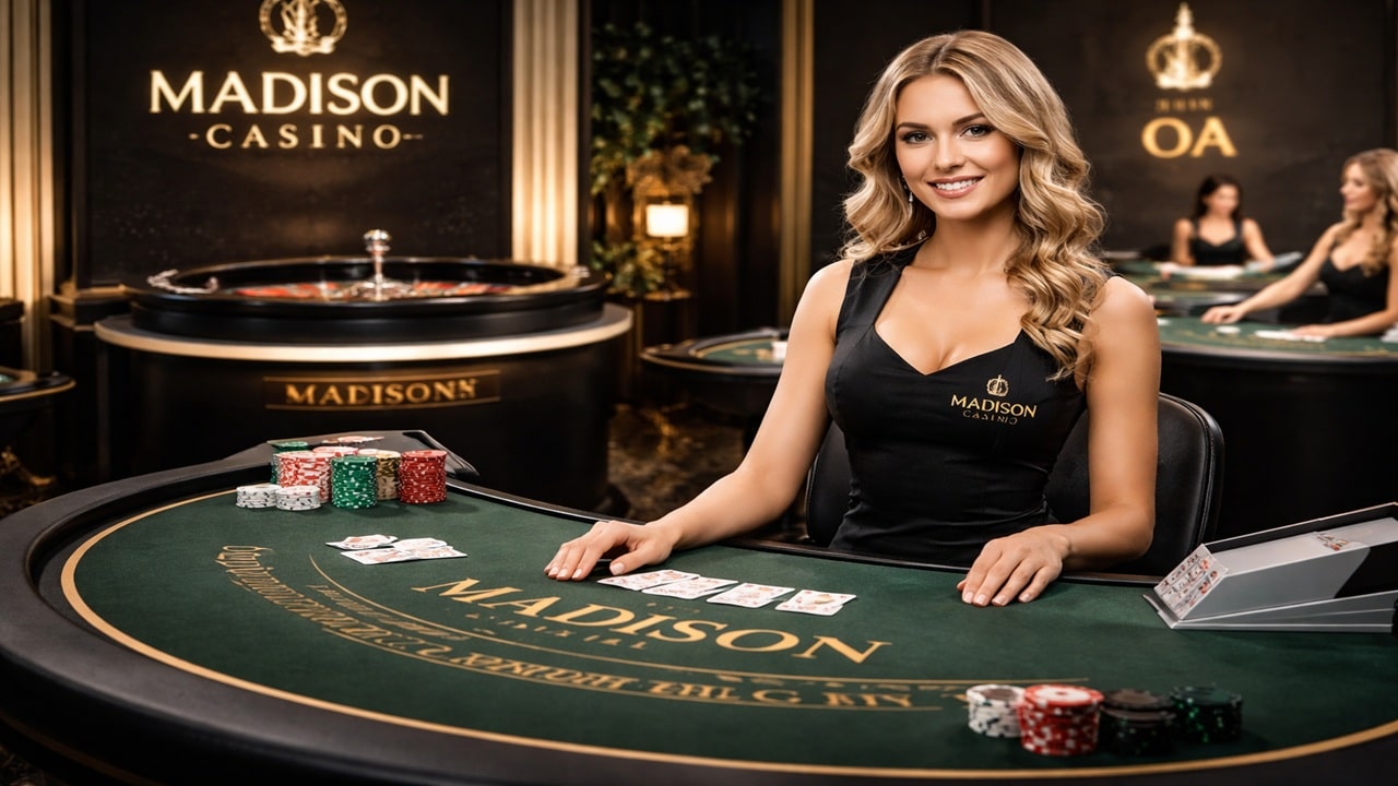 adison Casino live dealer table screenshot showing branded blackjack table with dealer, poker chips, and luxury casino environment - Pragmatic Play