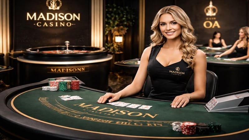 Madison Casino live dealer table screenshot showing branded blackjack table with dealer, poker chips, and luxury casino environment - Pragmatic Play