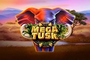Mega Tusk online slot game splash screen featuring an elephant set against an African landscape