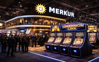 Merkur gaming booth showcasing Dimension Link jackpot slot machines at ICE Barcelona 2025 trade show
