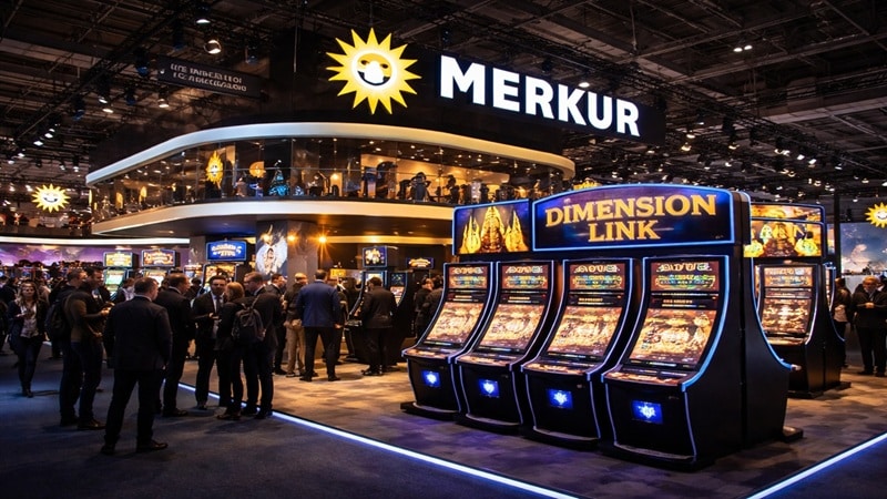 Merkur gaming booth showcasing Dimension Link jackpot slot machines at ICE Barcelona 2025 trade show