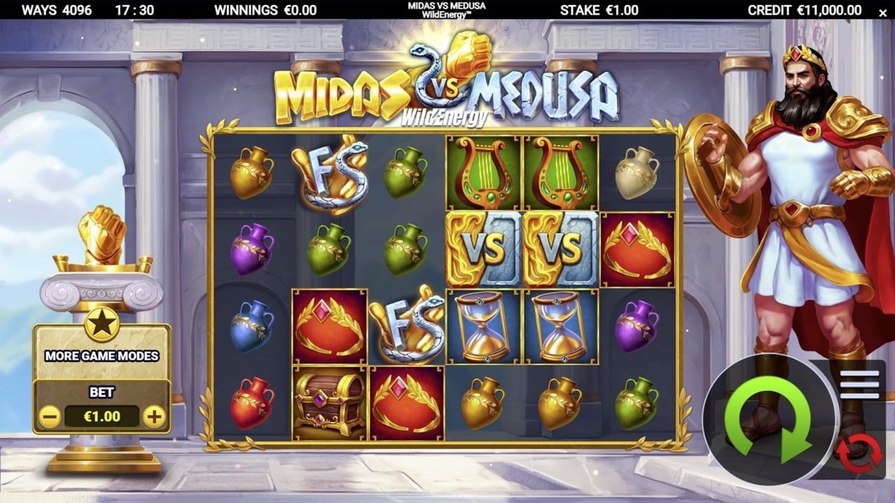 Midas VS Medusa WildEnergy slot game screenshot showing 4096 ways, Greek mythology theme with golden urns, lyres and VS symbols - Bulletproof