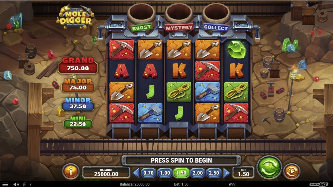 Mole Digger slot game screenshot showing 5x4 reels with mining theme symbols, jackpot indicators, and Boost-Mystery-Collect bonus features - Play'n GO