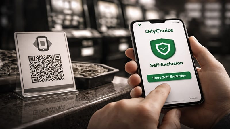 MyChoice self-exclusion app displayed on smartphone with QR code scanner at New Zealand gambling venue
