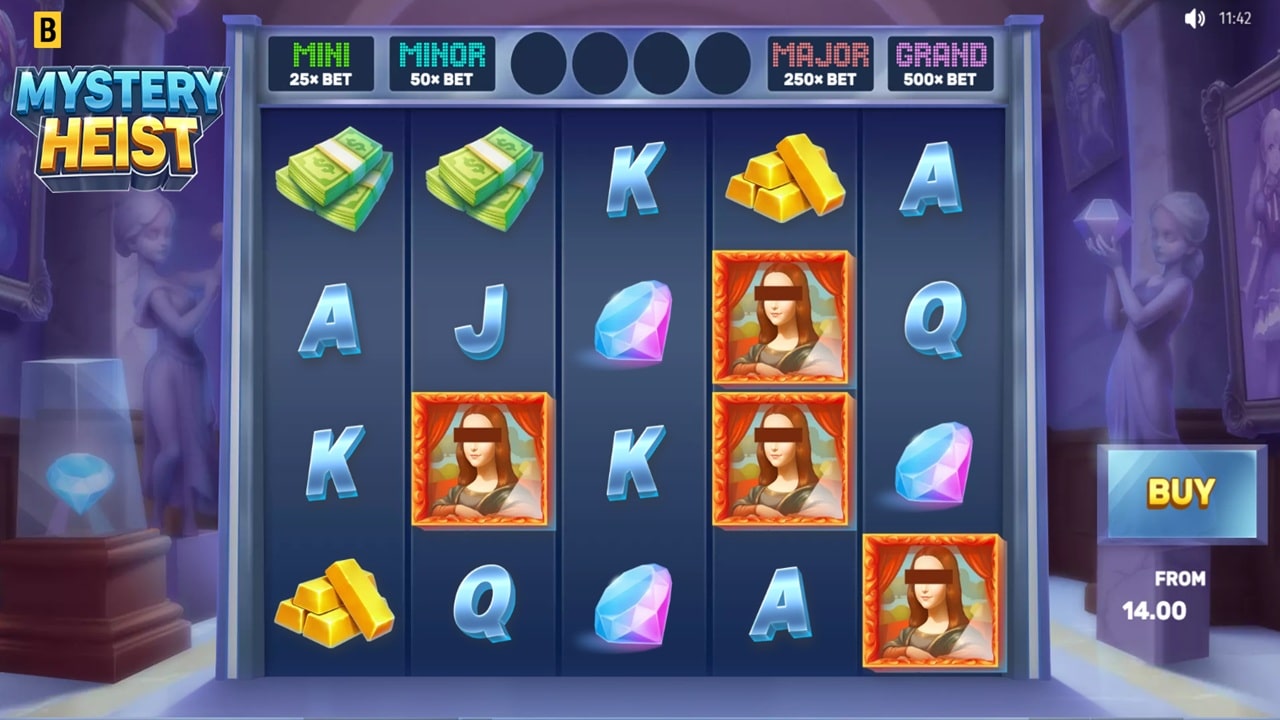 Mystery Heist slot game screenshot showing 5 reels with Mona Lisa character symbols, gold bars, cash stacks, gems, and jackpot indicators - BGaming