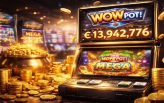 Online casino slot machine displaying a mega jackpot win with gold coins and a €13.9 million prize