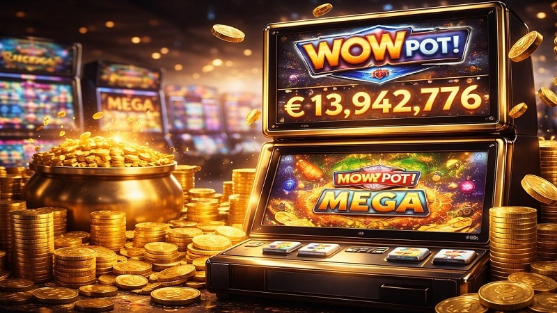 Online casino slot machine displaying a mega jackpot win with gold coins and a &euro;13.9 million prize 