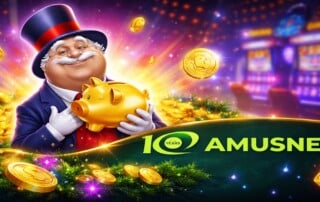 Oscar the Gobbler mascot character holding golden piggy bank with coins and casino slot machines in background - Amusnet 10th anniversary promotional image