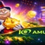 Oscar the Gobbler mascot character holding golden piggy bank with coins and casino slot machines in background - Amusnet 10th anniversary promotional image