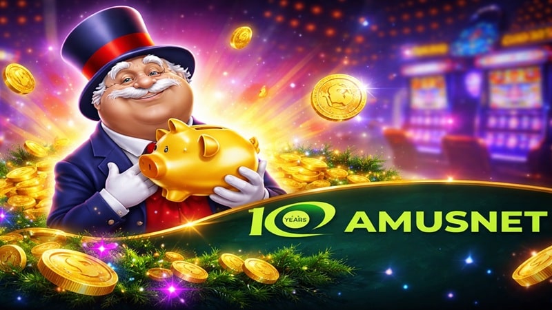 Oscar the Gobbler mascot character holding golden piggy bank with coins and casino slot machines in background - Amusnet 10th anniversary promotional image