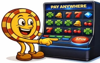 Casinoplusbonus mascot character pointing at pay anywhere slot machine showing scatter pays symbols including clovers bells sevens diamonds and cherries on video slot reels