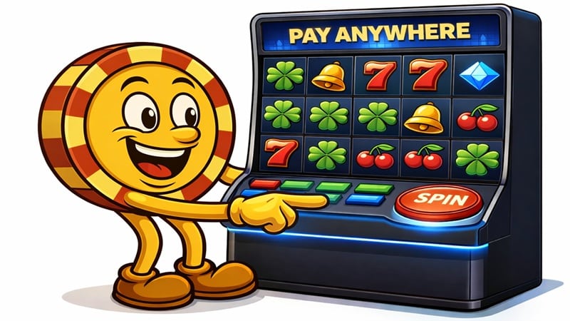 Casinoplusbonus mascot character pointing at pay anywhere slot machine showing scatter pays symbols including clovers bells sevens diamonds and cherries on video slot reels