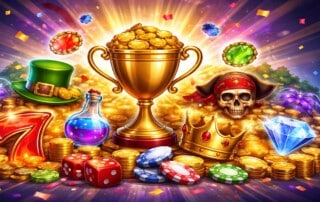Illustration of a casino tournament trophy surrounded by slot symbols representing Platipus’ €125,000 network tournament series for 2026