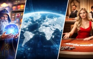 Playtech gaming partnerships featuring wizard with slot machines, digital globe with network connections, and live casino dealer representing Novibet, LottoStar, and bet365 expansions