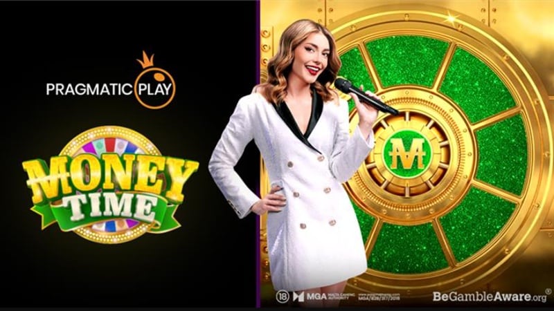 Pragmatic Play Money Time live casino game promotional image showing game host with golden fortune wheel and MGA license badge
