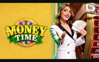 Pragmatic Play Money Time live casino game show featuring game host holding cash with colorful wheel and 40,000x max win multipliers displayed