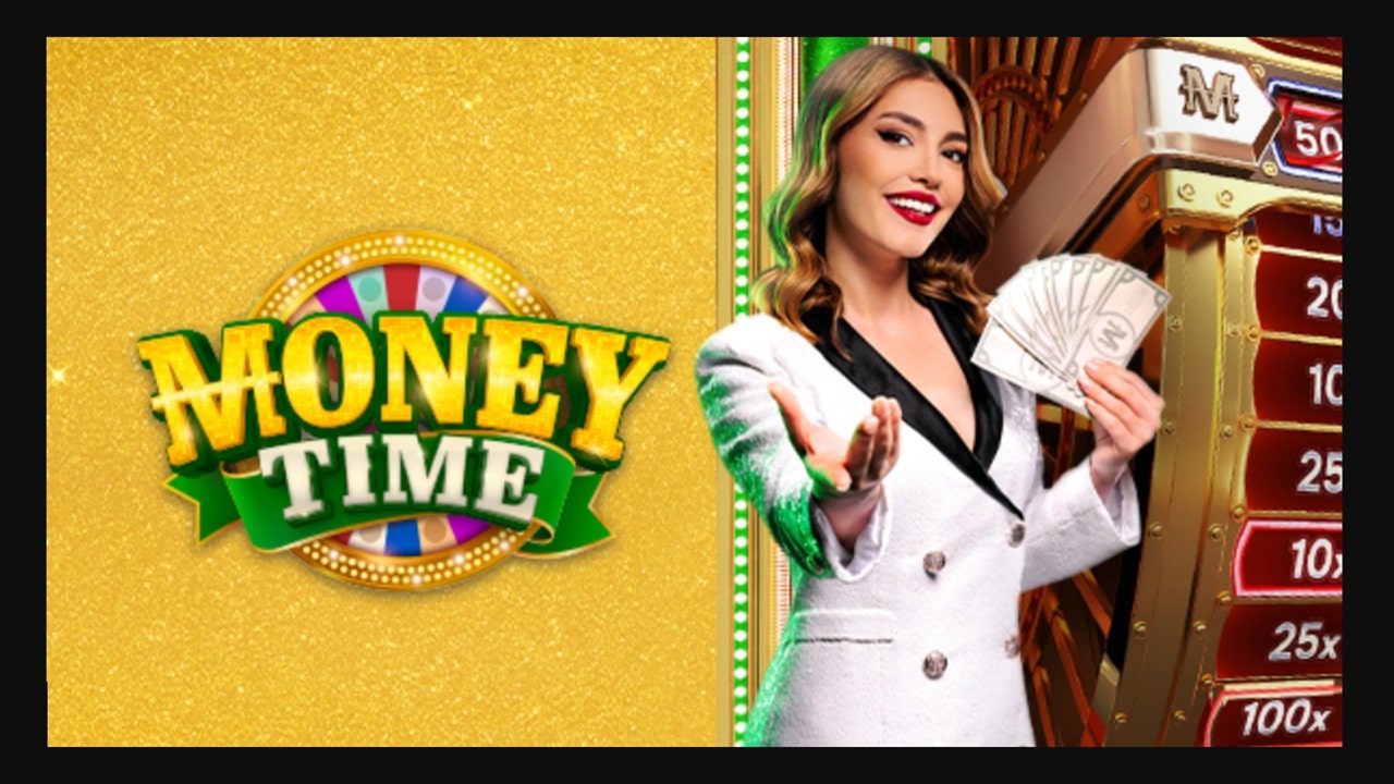 Pragmatic Play Money Time live casino game show featuring game host holding cash with colorful wheel and 40,000x max win multipliers displayed