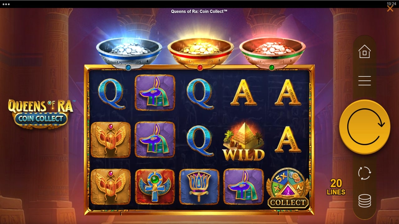 Queens of Ra: Coin Collect slot game screenshot showing Egyptian themed reels with coin collection bowls, wild symbols and ancient hieroglyphic symbols - All41Studios