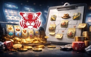 Promotional image showing Red Tiger Gaming’s Q1 2026 slot release roadmap with casino-style visuals