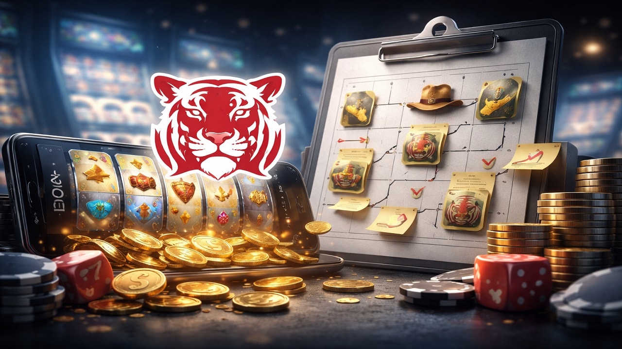 Promotional image showing Red Tiger Gaming’s Q1 2026 slot release roadmap with casino-style visuals