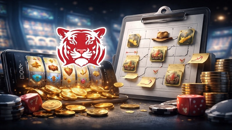 Promotional image showing Red Tiger Gaming&rsquo;s Q1 2026 slot release roadmap with casino-style visuals