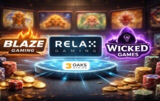 Relax Gaming aggregator network expansion featuring Blaze Gaming, Wicked Games, and 3 Oaks Gaming logos with casino chips and coins
