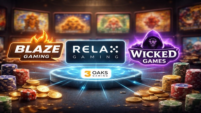 Relax Gaming aggregator network expansion featuring Blaze Gaming, Wicked Games, and 3 Oaks Gaming logos with casino chips and coins
