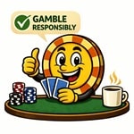 CasinoPlusBonus mascot promoting responsible gambling with cards, chips, and gamble responsibly message