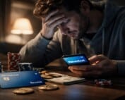 Distressed man holding Revolut card and smartphone with gambling chips on table illustrating banking failure to protect gambling addict