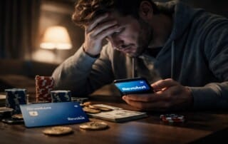 Distressed man holding Revolut card and smartphone with gambling chips on table illustrating banking failure to protect gambling addict