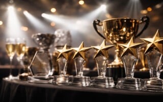 Awards trophies displayed on stage at an iGaming industry awards ceremony in Lisbon
