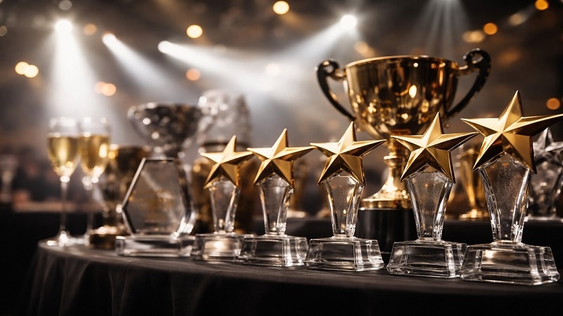 Awards trophies displayed on stage at an iGaming industry awards ceremony in Lisbon